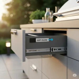 "Outdoor kitchen drawer demonstrating a soft-close mechanism for quiet and effortless operation."