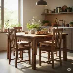 Kitchen scene showcasing a beautiful reclaimed wood rustic table and coordinating chairs, emphasizing sustainable design.