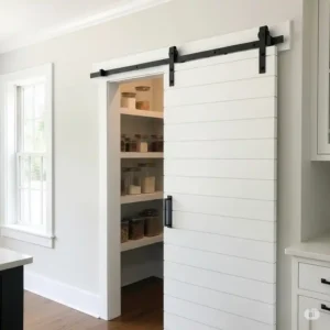 Stylish shiplap kitchen pantry door with a barn door slider, maximizing space and adding architectural interest.
