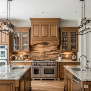 Transitional wood backsplash kitchen blending traditional and modern elements, featuring a stunning wood backsplash that ties the design together beautifully.