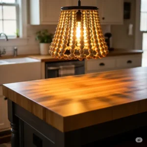 Detail of a farmhouse kitchen island light crafted with natural wooden beads, adding texture and warmth to the decor. This shows a unique farmhouse kitchen island lighting fixture.