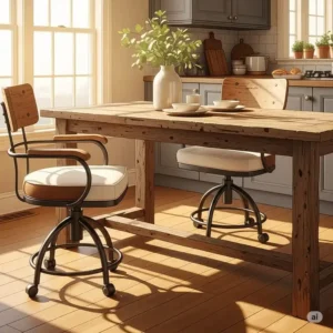 Illustration of a rustic wooden kitchen table with rolling chairs, bringing warmth to the dining space.