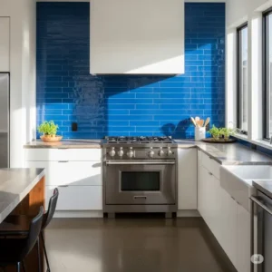 Kitchen with a vibrant blue backsplash creating a focal accent wall behind the range.