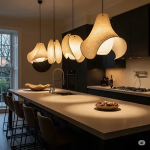 Unique artistic modern kitchen island lamps serving as a stunning focal point, blending illumination with sculptural beauty in a high-end kitchen.