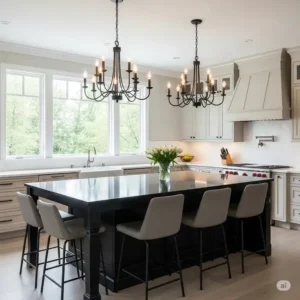 Striking black kitchen island chandeliers providing contrast and modern elegance to a light-colored kitchen, enhancing the overall aesthetic.