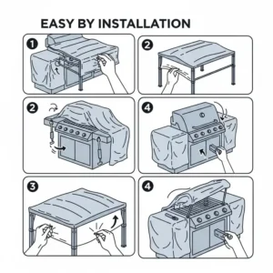 Illustration showing the easy installation process of an outdoor kitchen cover for quick setup.