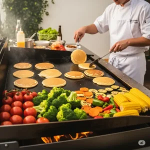 Variety of delicious foods, including pancakes and vegetables, being cooked simultaneously on an outdoor kitchen griddle.