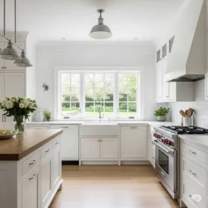 A complete kitchen view where the expansive white on white kitchen backsplash serves as a serene and sophisticated focal point.