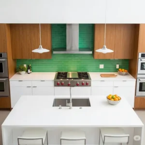 Overhead view of a stylish kitchen highlighting a long green backsplash kitchen extending across the wall above the cooktop and sink.