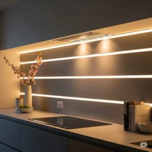 "Modern integrated lighting illuminating a contemporary kitchen wall, serving as both functional and aesthetic decor."