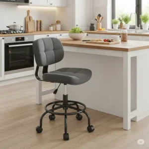 Practical kitchen chairs with wheels, allowing easy repositioning and access around a busy kitchen counter.