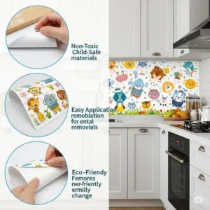 An illustration showing the benefits of kitchen sticker wallpaper, such as easy installation, durability, and a wide range of designs.