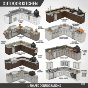 "A customizable L-shaped outdoor kitchen illustration demonstrating various configurations and personalized design elements to fit any backyard space."