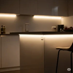 Discreet LED strip lighting installed under the edge of a kitchen island, providing accent lighting and a contemporary glow. kitchen island lighting ideas