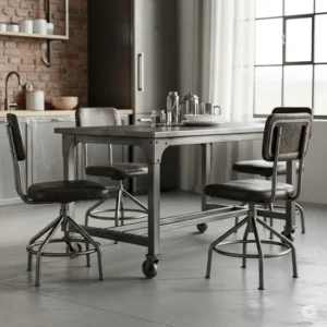 An illustration showing an industrial-style metal kitchen table with rolling chairs, suitable for modern or loft aesthetics.