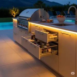 "Illuminated outdoor kitchen at dusk, highlighting the practical and stylish built-in drawers."