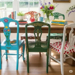 Collection of eclectic, hand-painted mismatched vintage kitchen chairs, each uniquely styled to create a vibrant and personalized dining area.