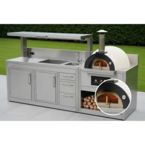 An example of a prefabricated outdoor kitchen unit that includes a convenient pizza oven.