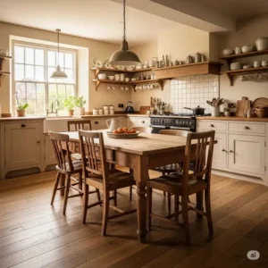 Overview of a rustic kitchen interior design featuring a prominent wooden table and chairs as the focal point.