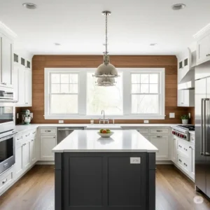 "An overall shiplap backsplash kitchen view highlighting how it ties together the design elements, including a central kitchen island."