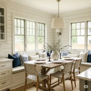 Inviting shiplap kitchen dining nook with built-in bench seating and throw pillows, ideal for family meals.