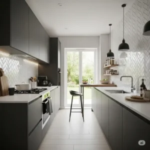 Compact kitchen design maximizing space with a visually appealing herringbone kitchen backsplash.