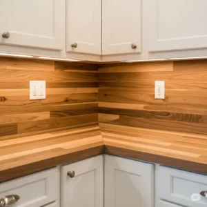 Detailed view of how a wood backsplash kitchen seamlessly wraps around a kitchen corner, showcasing precise installation and craftsmanship.