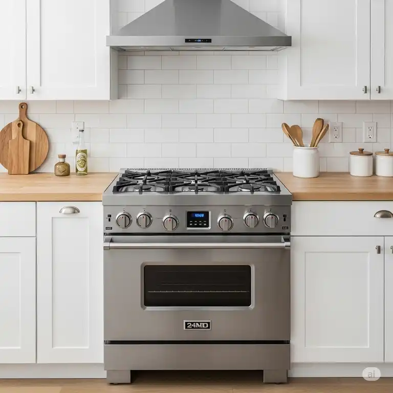 A sleek, modern 24-inch kitchen range in stainless steel, featuring a gas cooktop and an electric convection oven, installed in a contemporary kitchen.