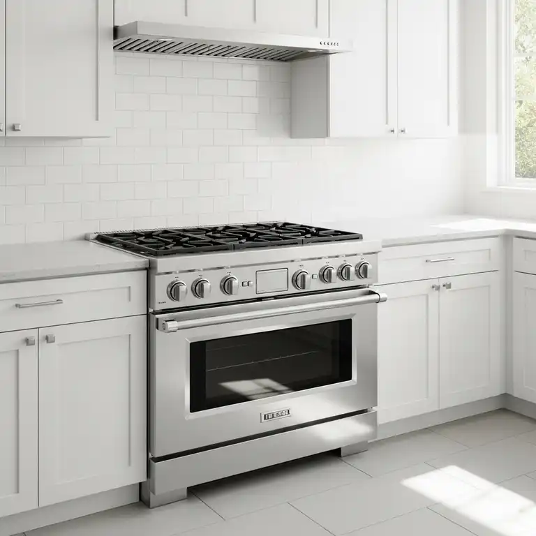 A sleek, modern 36 kitchen range with six gas burners and a large oven, perfectly installed in a contemporary kitchen.