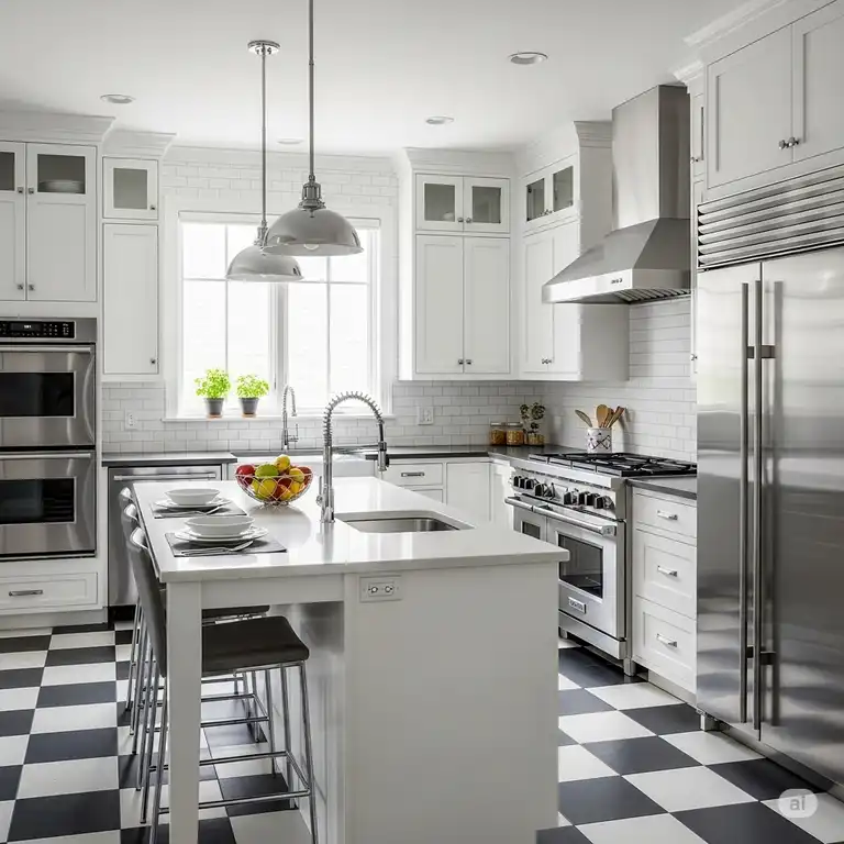 A modern kitchen with a classic black and white kitchen floor, sleek white cabinets, and stainless steel appliances.