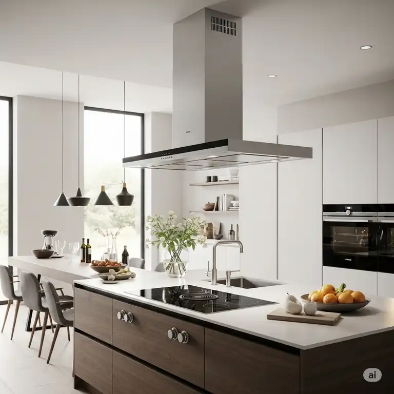 A modern kitchen featuring a sleek, stainless steel ceiling mount kitchen hood over a large island cooktop. The minimalist design enhances the open-plan space, providing efficient ventilation without obstructing the view.