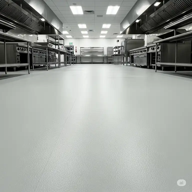 A wide-angle shot of a clean, non-slip commercial kitchen flooring installation, showing its durability and seamless finish, perfect for a busy restaurant environment.