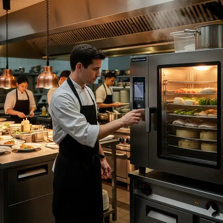 A chef is operating a professional grade commercial kitchen steamer in a busy restaurant, highlighting its efficiency and sleek design.