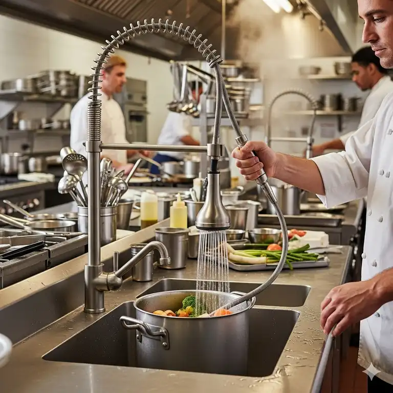 A professional chef uses durable, heavy-duty commercial kitchen tapware faucet with a pull-down sprayer in a busy restaurant kitchen.