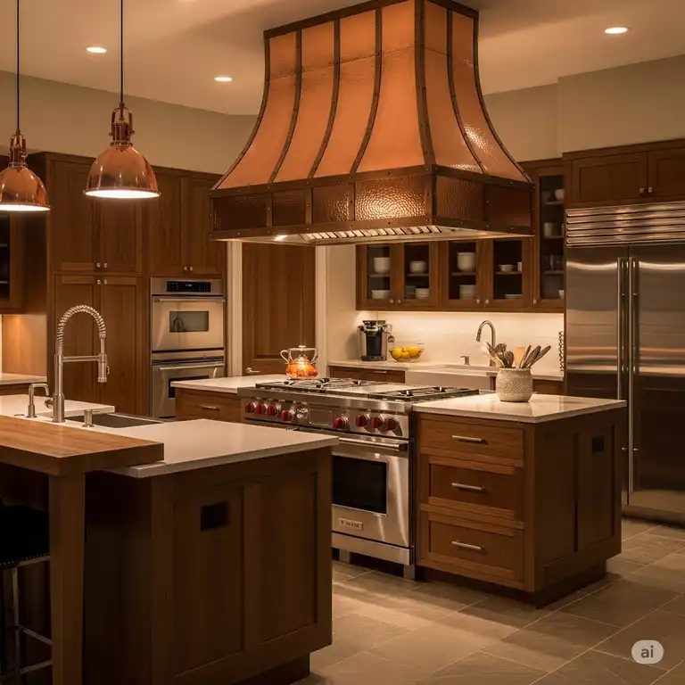 A beautiful, handcrafted set of copper kitchen hood vents are the focal point of a modern kitchen, with a warm, inviting glow that complements the surrounding stainless steel appliances and dark wood cabinetry.