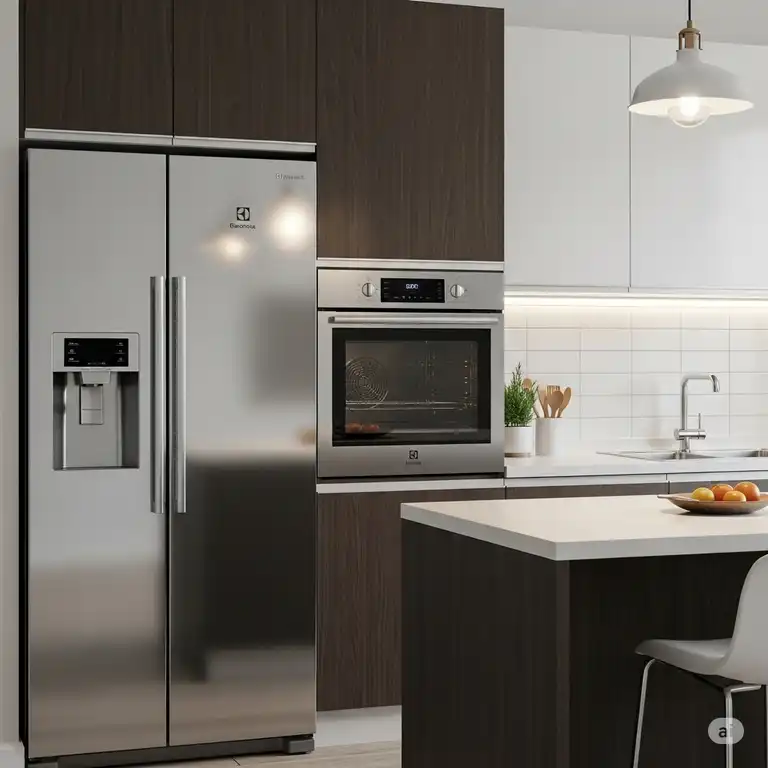 Electrolux kitchen appliances, including a sleek stainless steel refrigerator and an oven.