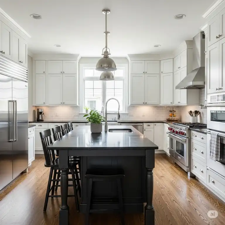 A modern kitchen with a classic hardwood floor in kitchen with white cabinets, a large island, and a dark countertop.