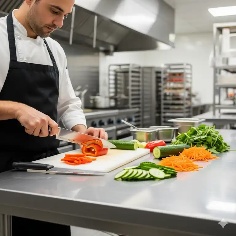 A chef meticulously slices vegetables on a commercial-grade stainless steel kitchen preparation table, showcasing its durability and clean surface.