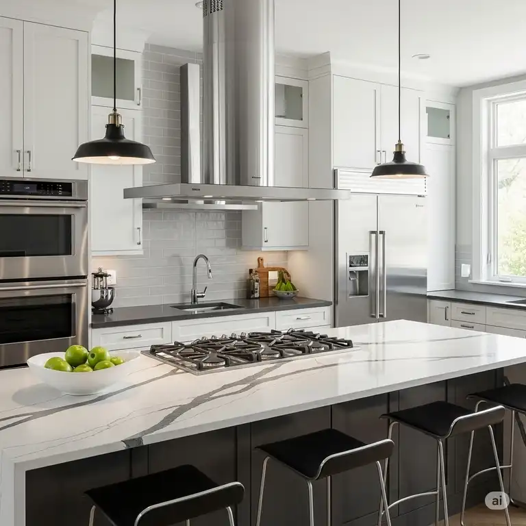 A modern kitchen with a sleek, stainless steel kitchen range hoods installed over a gas cooktop.