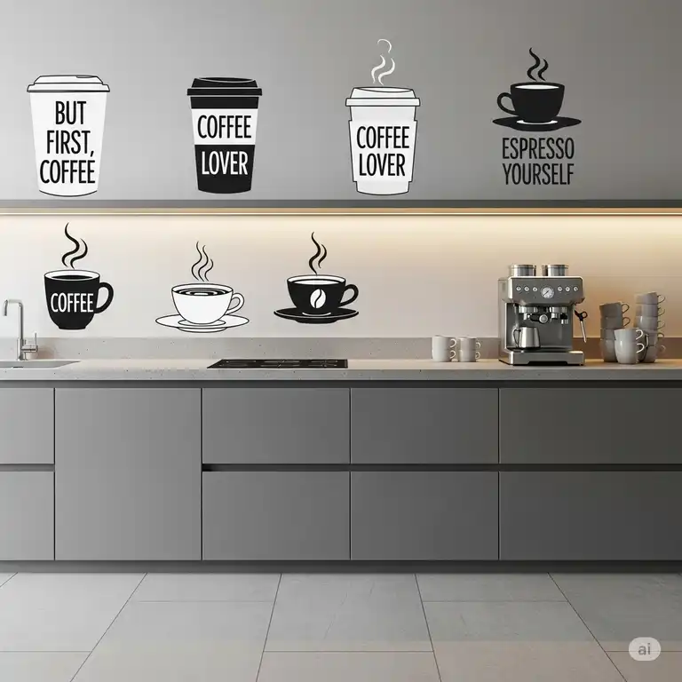 Modern kitchen with elegant kitchen wall art stickers of coffee cups and text, adding a stylish touch.