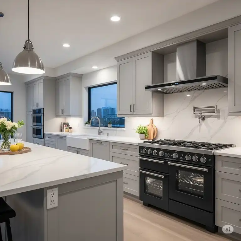A sleek, modern liquid propane kitchen stove is the centerpiece of this kitchen.