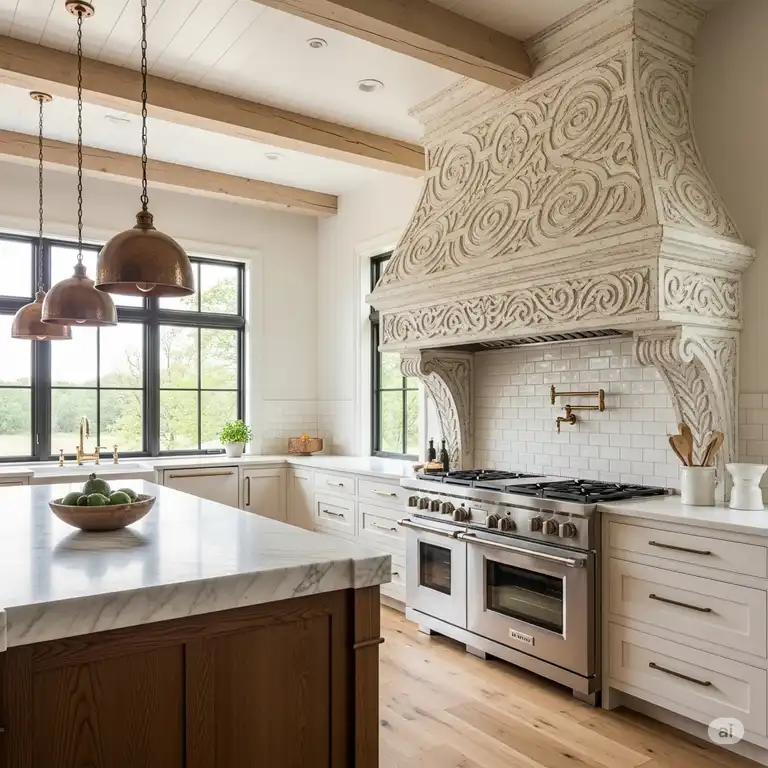 A custom plaster kitchen hood with intricate detailing is the focal point of a modern farmhouse kitchen.
