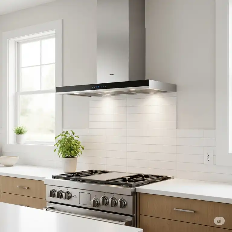 A modern recirculation kitchen hood installed above a stove in a contemporary kitchen.
