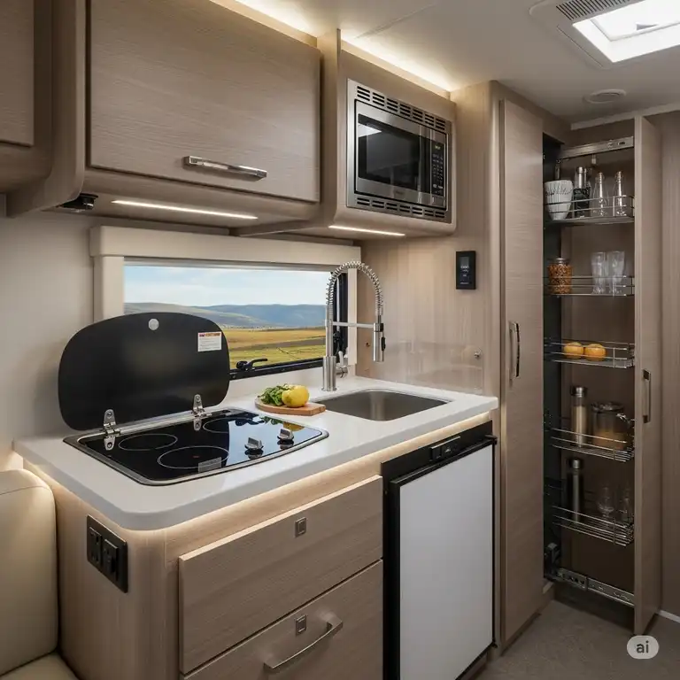 A compact, modern RV kitchen with space-saving rv kitchen appliances, perfect for travel.
