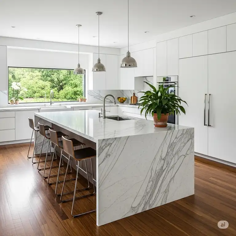 A stunning kitchen design highlighting beautiful wood floors in kitchen, which complement the modern white cabinetry and a large marble island.