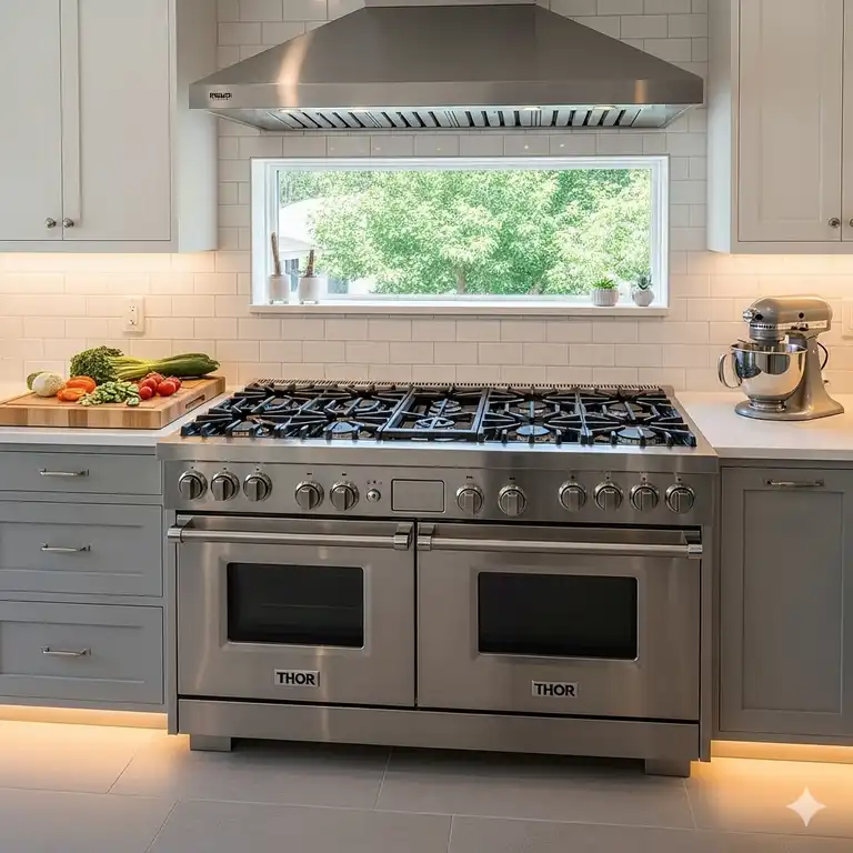 A high-end THOR kitchen stove, featuring a stainless steel finish and multiple burners, becomes the centerpiece of a modern kitchen.