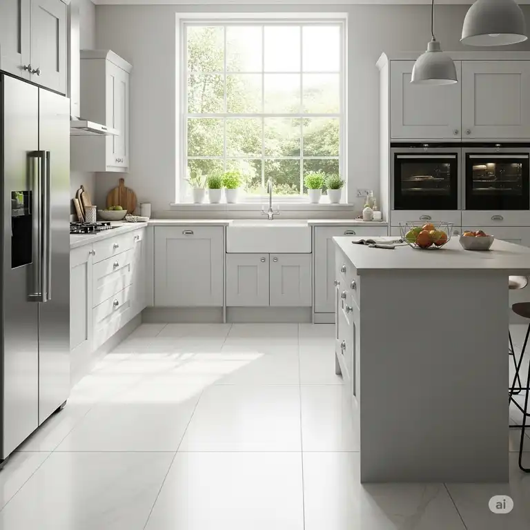 Bright and airy kitchen featuring large format white kitchen floor tiles, complementing light cabinetry and stainless steel appliances.