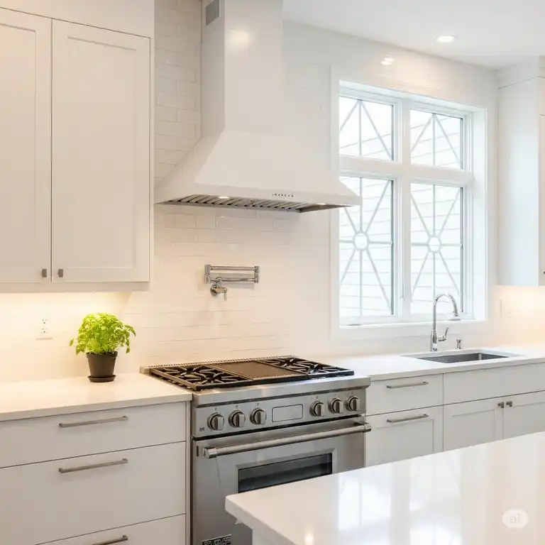 A modern white kitchen with a sleek, minimalist white kitchen hood vent installed over a stainless steel stove, creating a clean and contemporary look.