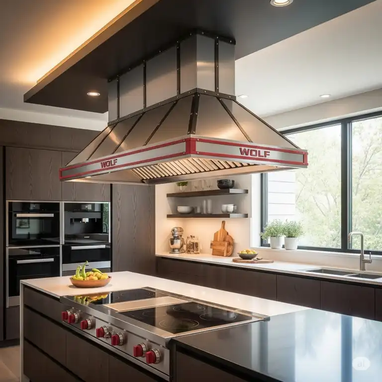 A professional-grade Wolf Pro Island kitchen hood in a modern kitchen setting, showcasing its sleek design and powerful ventilation.