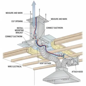 A diagram illustrating the installation process of a ceiling mount kitchen hood, showing ductwork routed through the ceiling and electrical connections.